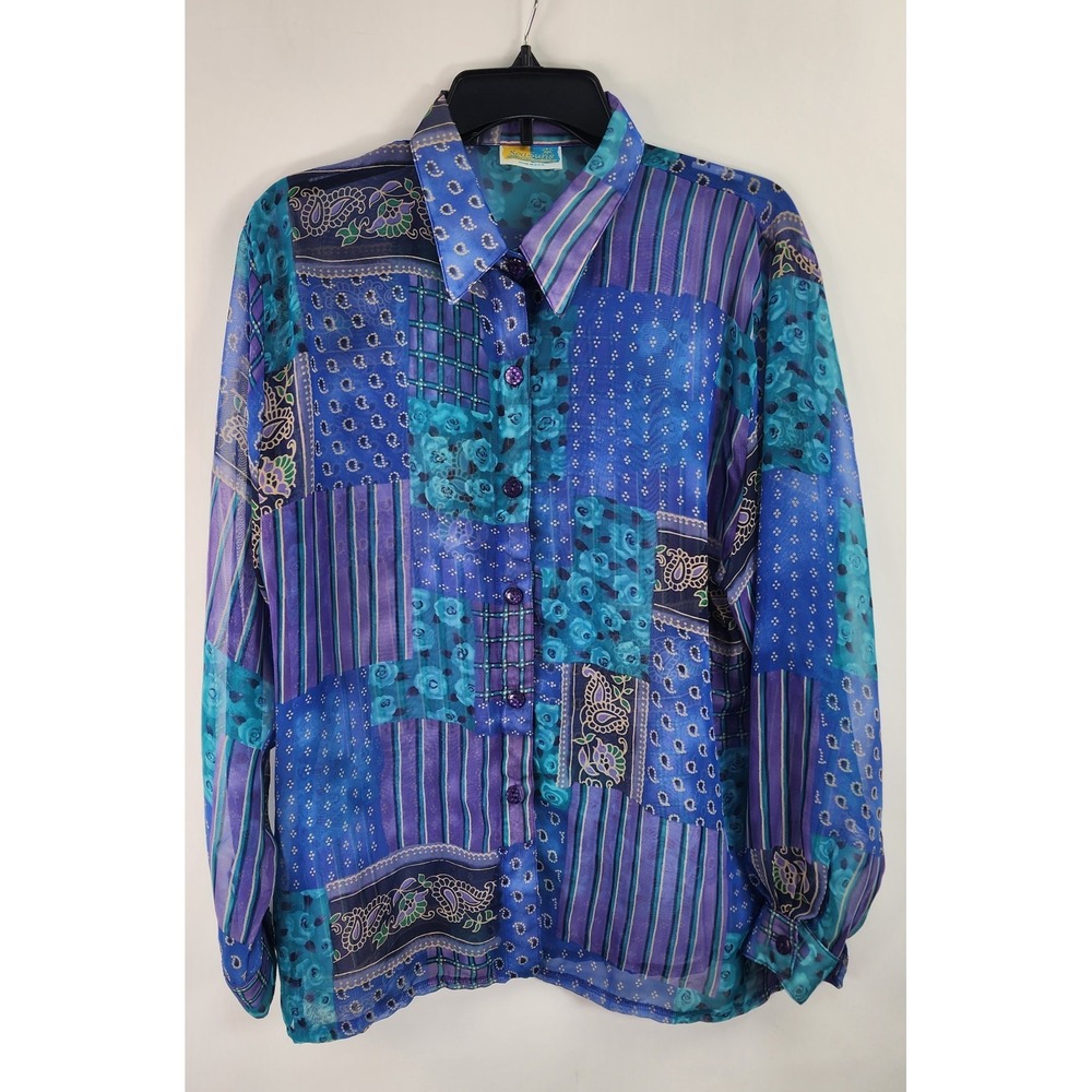 Vintage Seasuns Patchwork Top Women's XL Blue Purple Sheer USA Button Up